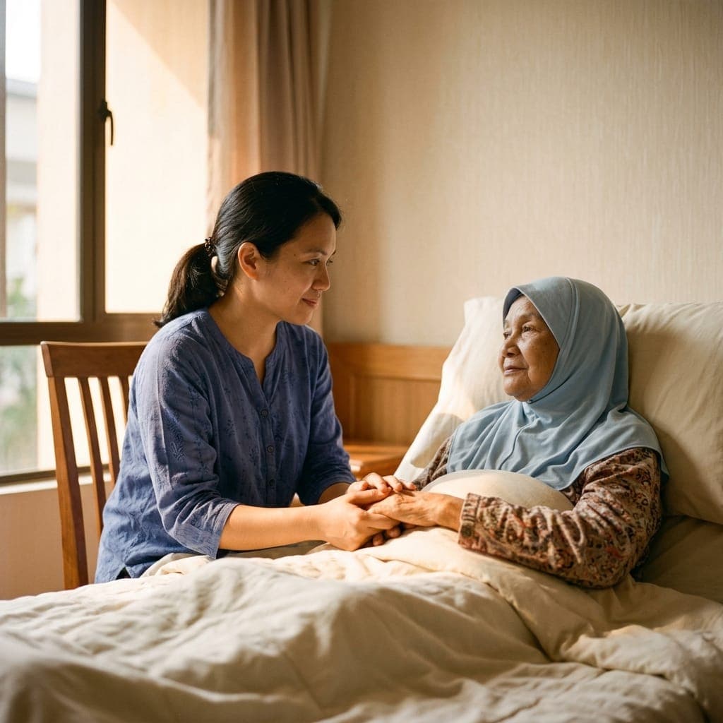 A clinician sits at the bedside, gently holding the hand of an elderly Malaysian patient during a calm, unhurried conversation.